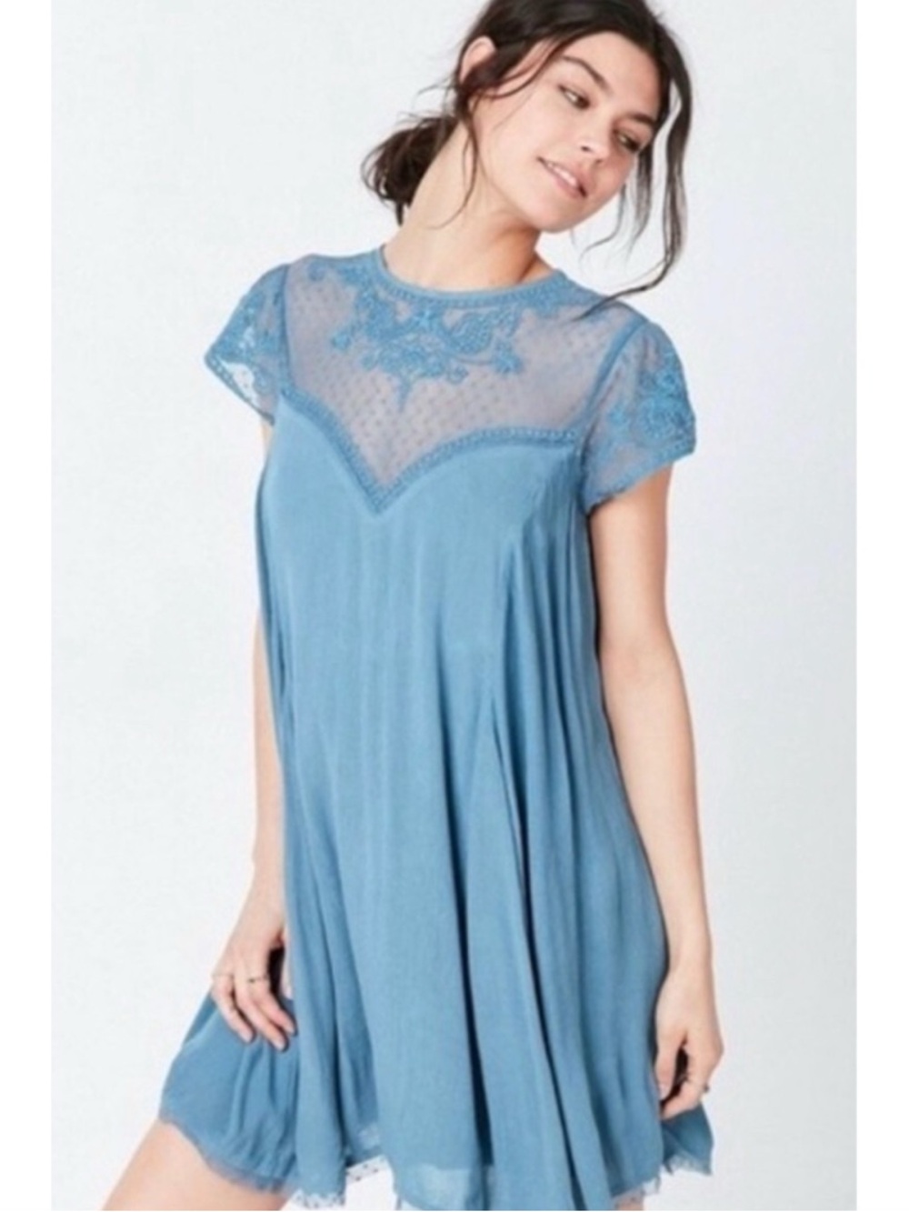 Kimchi Blue Dusty Blue Lace Yoke Mini Dress